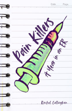 cover of Pain Killers book: a notebook with a crude drawing of a syringe.